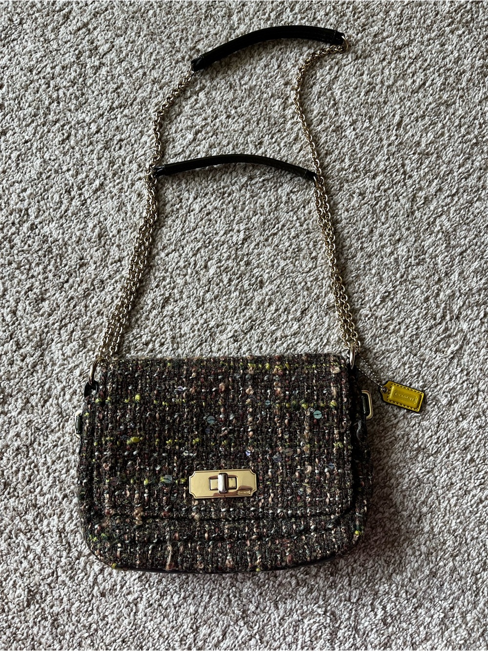 Coach Chelsea Green Tweed Boucle Sequin Turnlock Mini Crossbody Handbag
